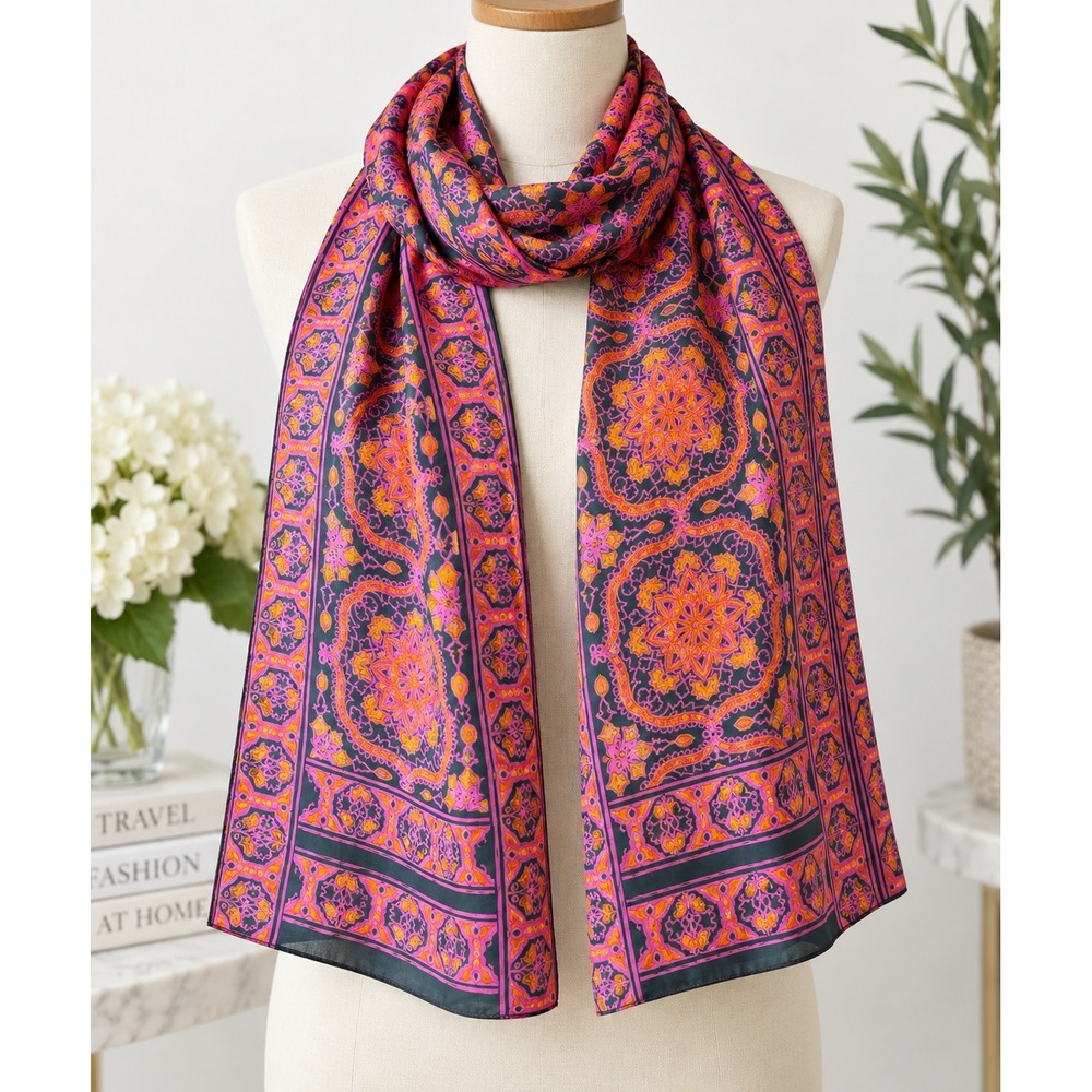 VTG Handwoven 100% Pure Silk Scarf India Pink Orange Black Mandala Paisley Wrap